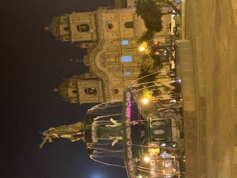      Night view of a fountain and a cathedral.
  