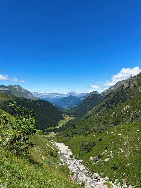 A panoramic view of a lush valley with mountains.