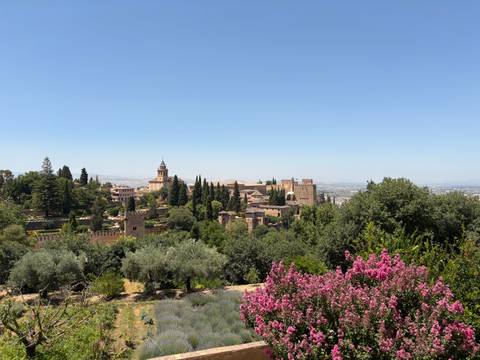      Scenic view of a historic fortress with gardens and blue sky.
  