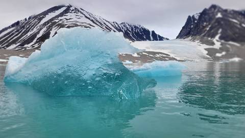 Close-up of an iceberg against a mountainous backdrop.