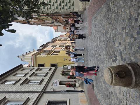       Cobblestone street with pedestrians
  