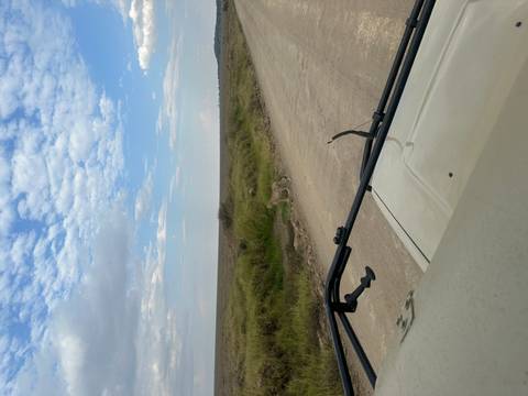       A landscape view with a cheetah crossing the road.
  