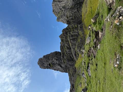       Tall rock peaks in a lush green area.
  