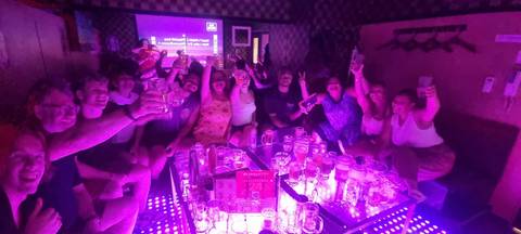       Group cheerfully raising glasses in a party setting.
  