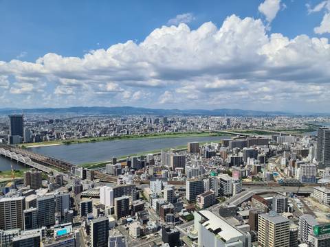       Aerial view of a cityscape with river, buildings, and a bridge.
  