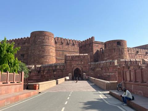 View of Agra Fort's red sandstone architecture.