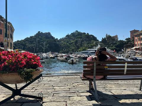       Person sitting on a bench by a marina with boats.
  