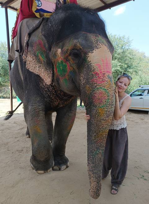 Woman embracing a painted elephant.