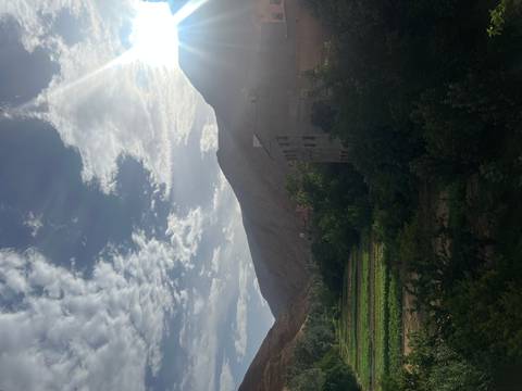       Sunlit valley with mountains in the background.
  