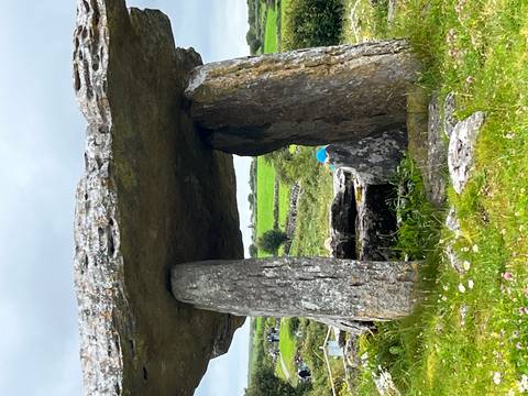 Ancient stone portal tomb in a grassy field.