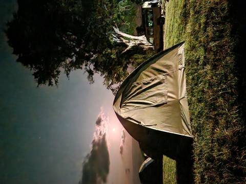       Tent under a night sky with a full moon
  