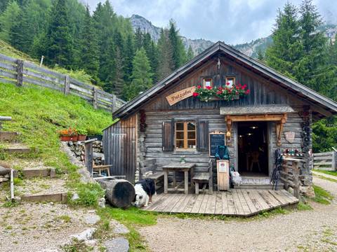       A rustic wooden cabin in a forest clearing, surrounded by mountains.
  