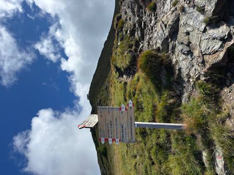      A series of hiking trail signs leading up a rocky mountain path.
  