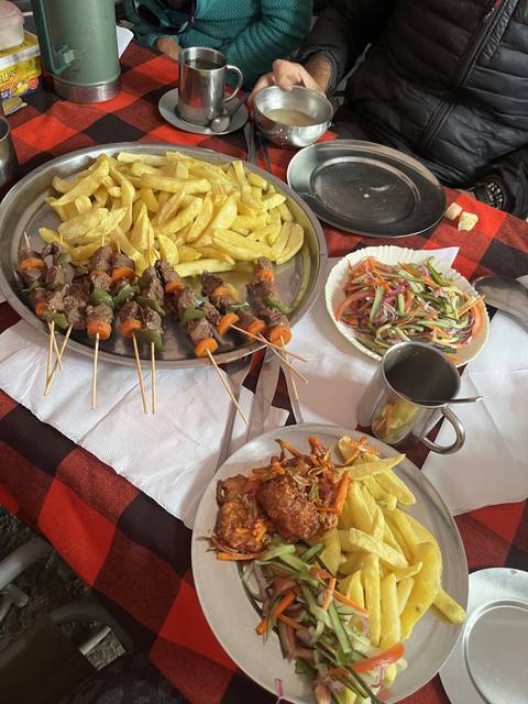 Plate of skewers with vegetables and fries.