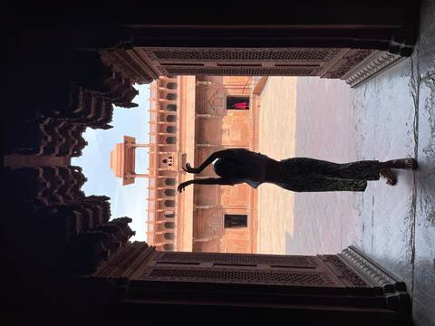 Silhouette of a person posing in an intricately designed archway.