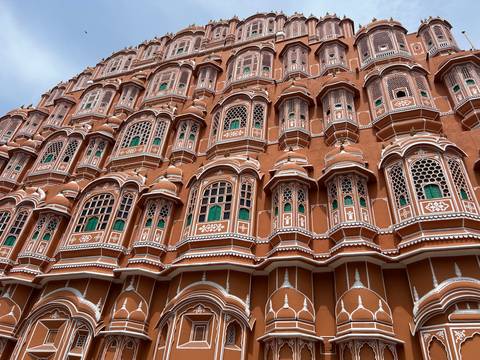 Detailed view of the Hawa Mahal in Jaipur with intricate window designs.