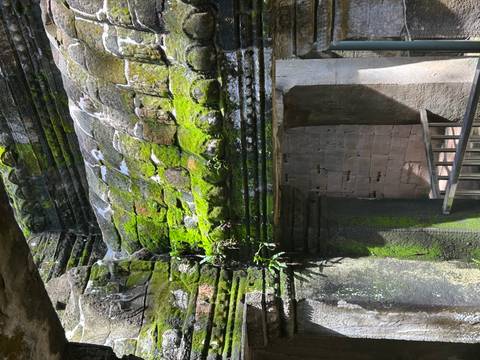 Moss-covered stone ruins with visible details of ancient construction.