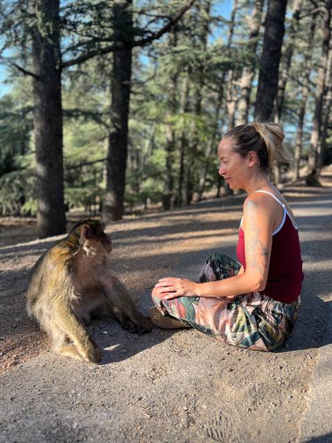 A woman sitting cross-legged next to a Barbary macaque on a forest path.