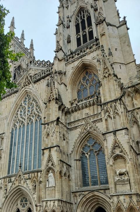Detailed view of Gothic cathedral facade.