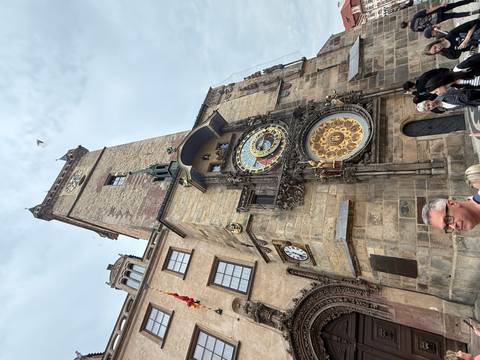       Astronomical clock tower with people in the foreground.
  