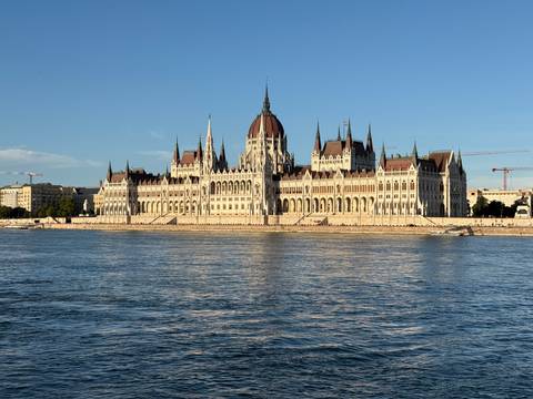       View of the Hungarian Parliament Building from across the river.
  