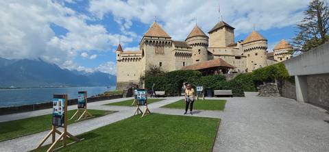       Chateau with mountains and lake in the background
  