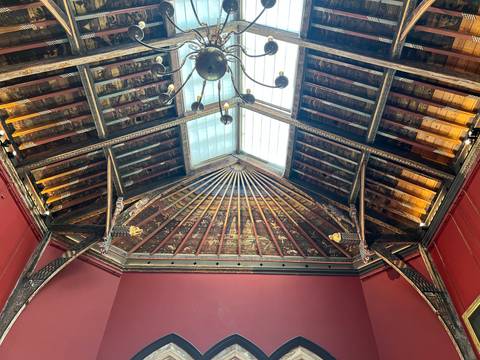 Elaborate ceiling with wooden beams and central fixture.
