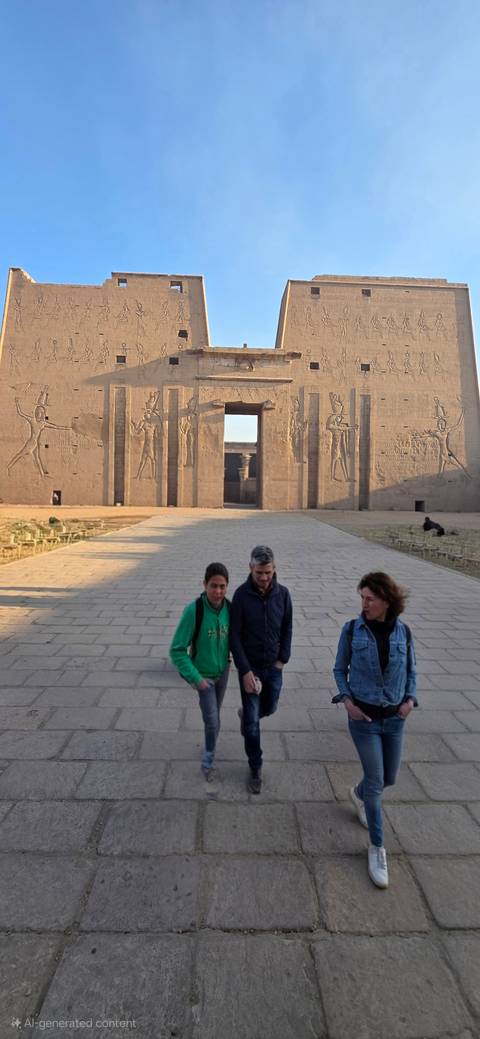       Egyptian temple entrance with hieroglyphs and tourists walking.
  