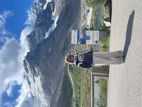 A person standing in front of a scenic mountain view with informational signs.