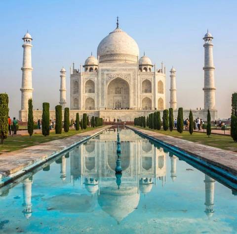 The iconic Taj Mahal with its reflecting pool in Agra, India.