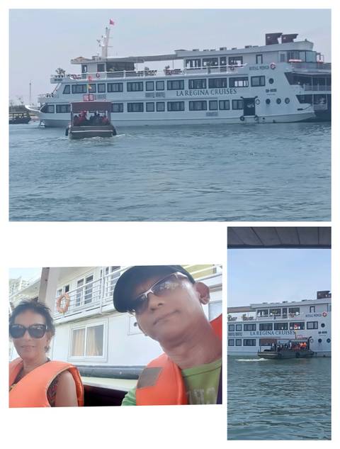 Collage of people on a boat and water scene.