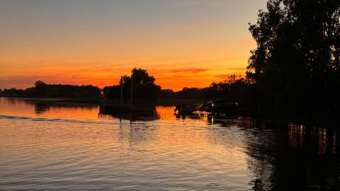 Sunset over a lake with silhouetted trees.