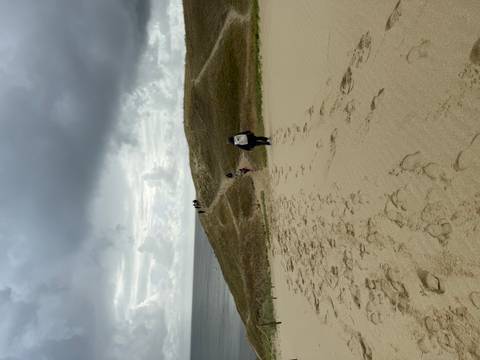       People walking on sand dunes near the sea.
  