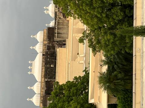 Building with white domes and trees in the foreground.