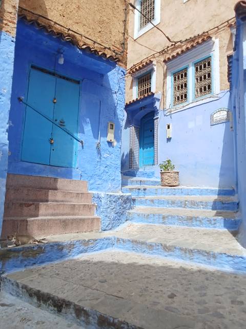       Blue-painted alley with decorated shop fronts and stairs.
  