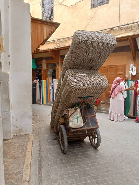       Donkey carrying an elderly man down a cobblestoned street.
  