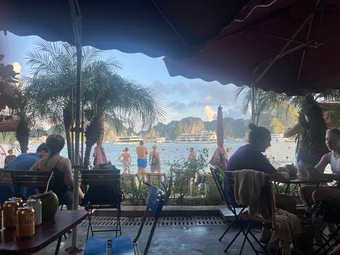 Cyclists on a dirt road through a rice field.