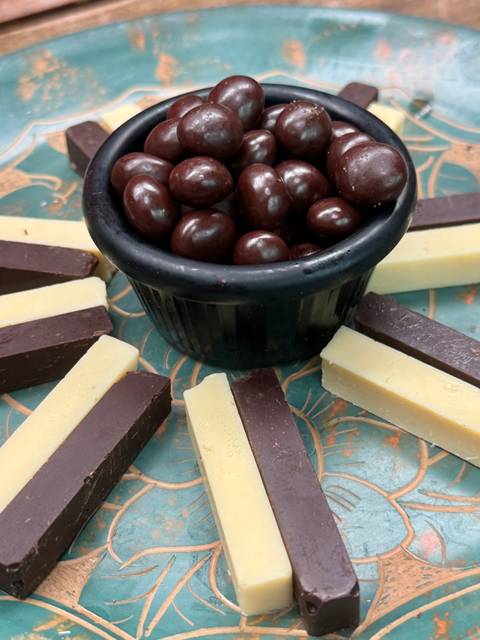       Assorted chocolates and candies arranged around a bowl.
  
