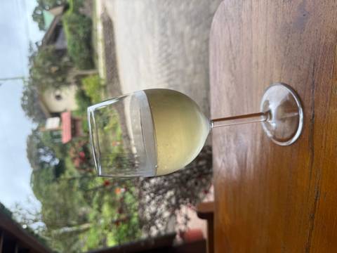 Glass of white wine on a table at a terrace.