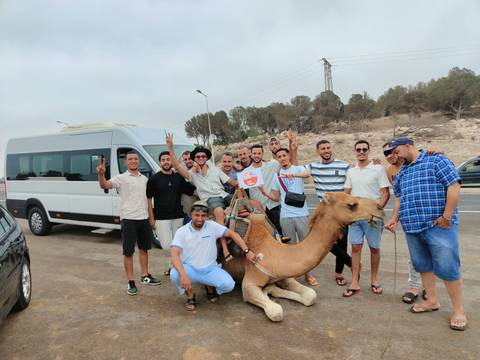       Group of people posing with a camel in a desert area.
  