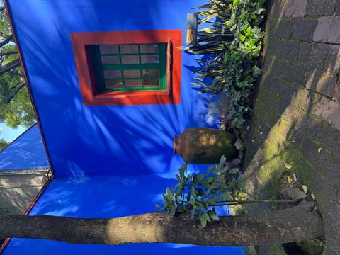 Vibrant blue wall with an artistic decorative pot in a garden.