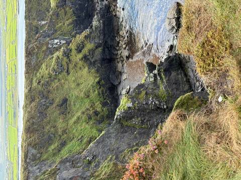 Rocky cliff with a narrow beach below, and sea stretching out.