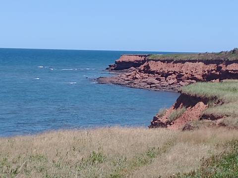 Dramatic red cliffs overlooking the ocean.