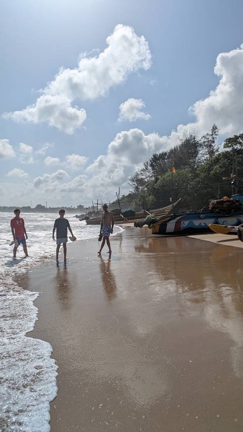 People wading in the sea by a sandy beach with boats and trees.