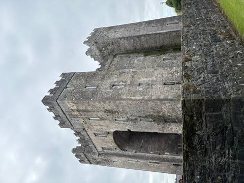       Stone castle with tall towers.
  