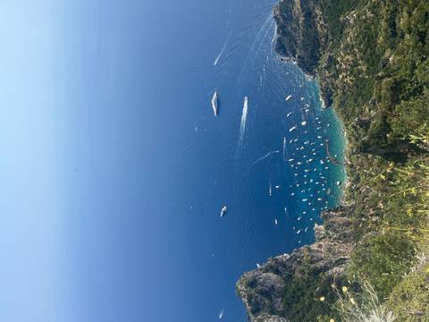 View from a cliff overlooking the ocean with boats below.