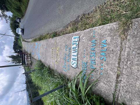       Colorful writing and drawings on a sidewalk.
  