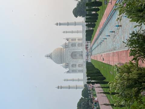 The Taj Mahal with its gardens and reflecting pool.
