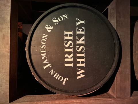       A barrel labeled 'John Jameson &amp; Sons Irish Whiskey'.
  