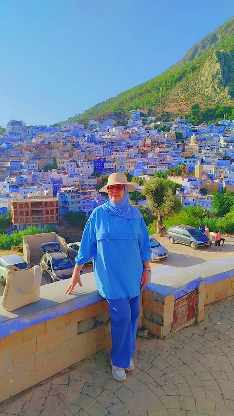       Woman in blue clothing standing in front of a hillside town.
  